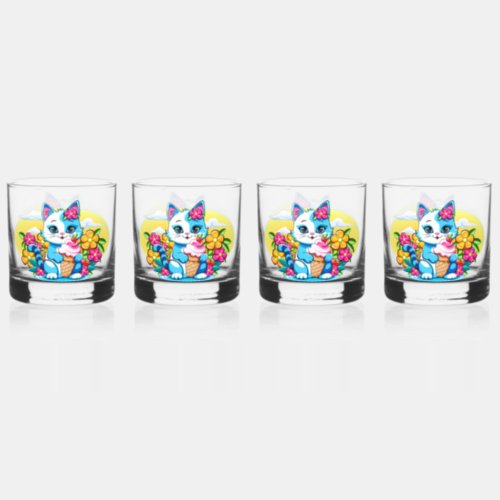 Kitty Cat with ice cream Summer Kawaii Character  Whiskey Glass