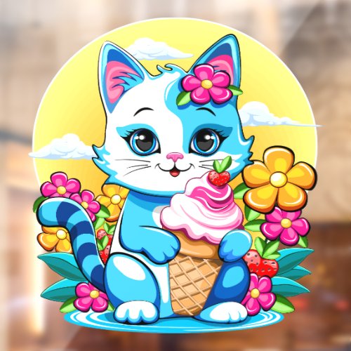 Kitty Cat with ice cream Summer Kawaii Character  Window Cling
