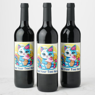 Kitty Cat with ice cream Summer Kawaii Character  Wine Label