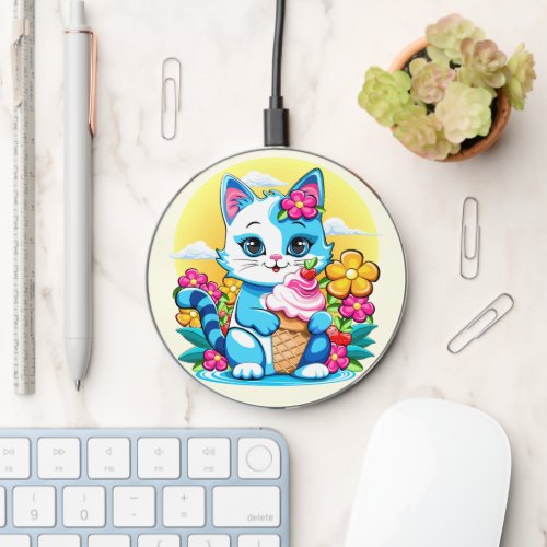 Kitty Cat with ice cream Summer Kawaii Character  Wireless Charger