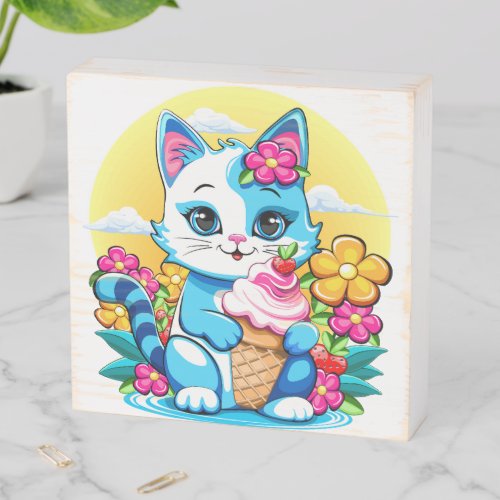 Kitty Cat with ice cream Summer Kawaii Character  Wooden Box Sign