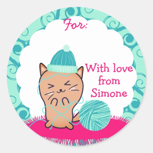 Kitty cat yarn handmade Christmas knitting crochet Classic Round Sticker