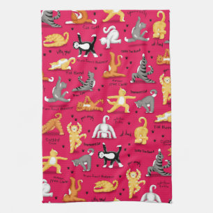 Kitty Cat Yoga Poses Colorful Red Yellow Whimsy Kitchen Towel