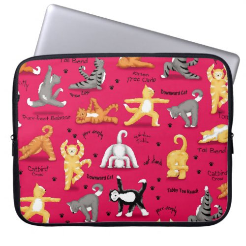 Kitty Cat Yoga Poses Colorful Red Yellow Whimsy Laptop Sleeve