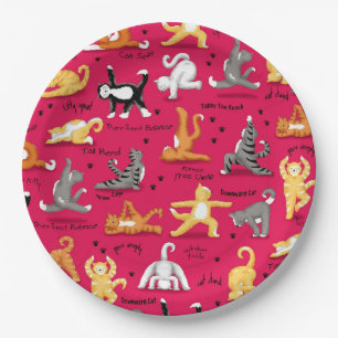 Kitty Cat Yoga Poses Colorful Red Yellow Whimsy Paper Plates