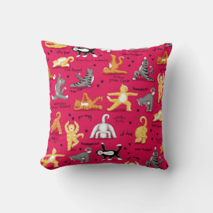 Kitty Cat Yoga Poses Colorful Red Yellow Whimsy Throw Pillow