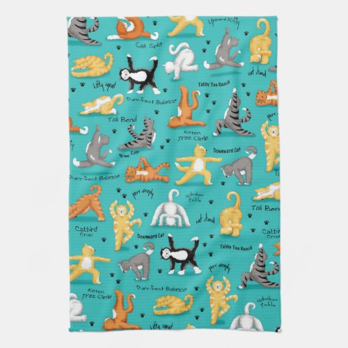 Kitty Cat Yoga Poses Colorful Turquoise Blue Fun Kitchen Towel