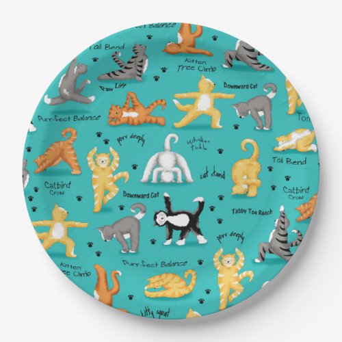Kitty Cat Yoga Poses Colorful Turquoise Blue Paper Plates
