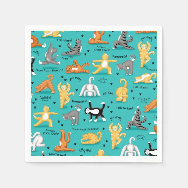Kitty Cat Yoga Poses Turquoise Blue Whimsy Napkins (Front)
