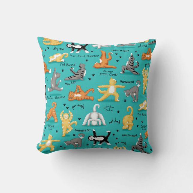 Kitty Cat Yoga Poses Turquoise Blue Yellow Whimsy Throw Pillow (Front)