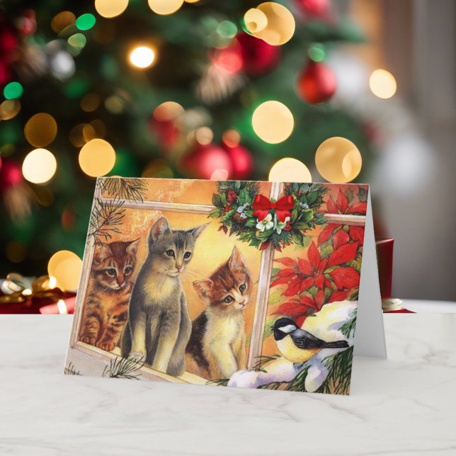Kitty Cats Bird Watching Merry Christmas Cute Holiday Card (Creator Uploaded)