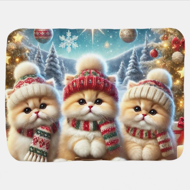 Kitty cats in festive Christmas decor and Snow Baby Blanket (Horizontal)