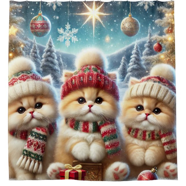 Kitty cats in festive Christmas decor and Snow Shower Curtain (Front)