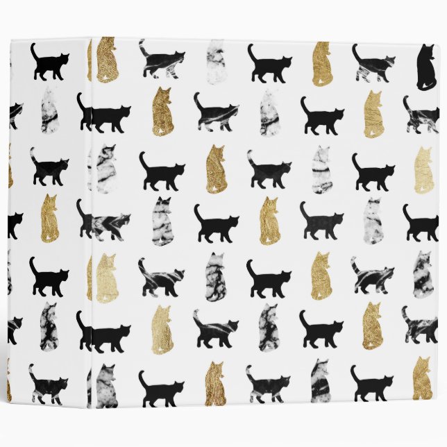 Kitty Cats in Gold and Black and White Marble 3 Ring Binder (Front/Spine)