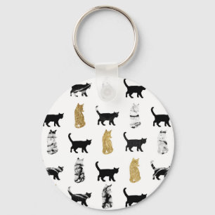 Kitty Cats in Gold and Black and White Marble Keychain