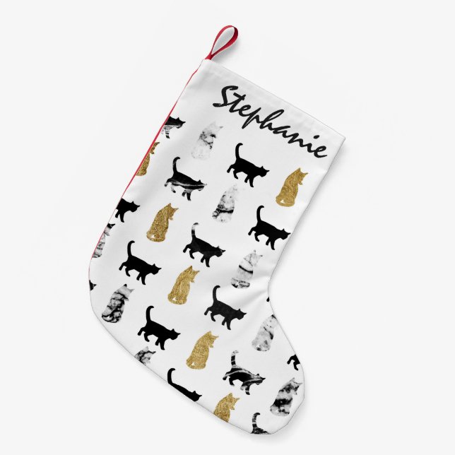 Kitty Cats in Gold and Black and White Marble Small Christmas Stocking (Front (Hanging))