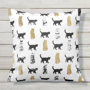Kitty Cats in Gold and Black and White Marble Throw Pillow