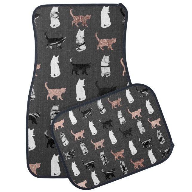 Kitty Cats in Rose Gold and Black and White Marble Car Mat (Set)