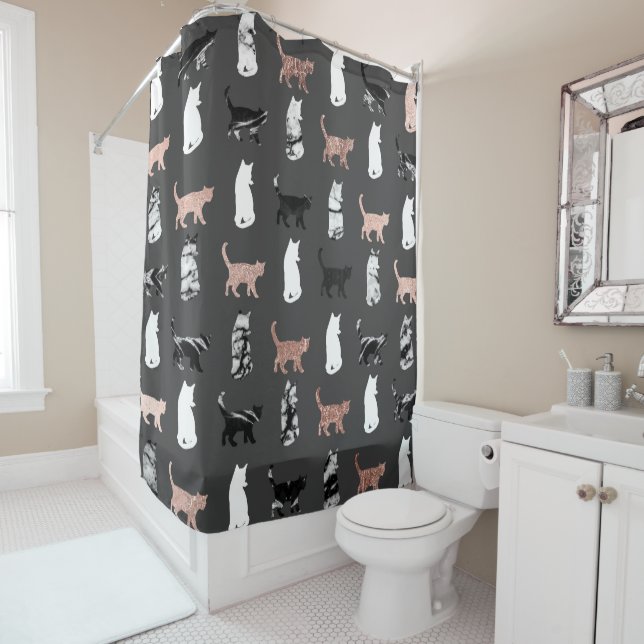 Kitty Cats in Rose Gold and Black and White Marble Shower Curtain (In Situ)