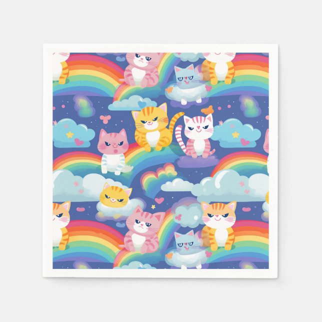 Kitty Cats on Rainbow Clouds Cute and Happy Napkins (Front)