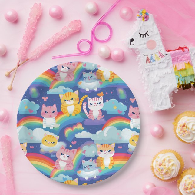 Kitty Cats on Rainbow Clouds Cute and Happy Paper Plates (Party)
