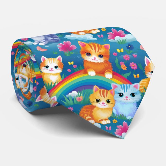 Kitty Cats on Rainbows Cute and Colorful Neck Tie (Rolled)