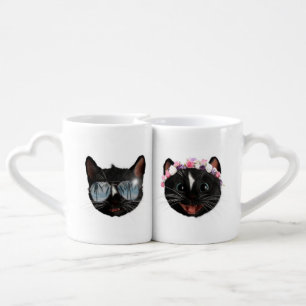 Kitty Couple - Flower Girl & Cool Cat With Sunnies Coffee Mug Set