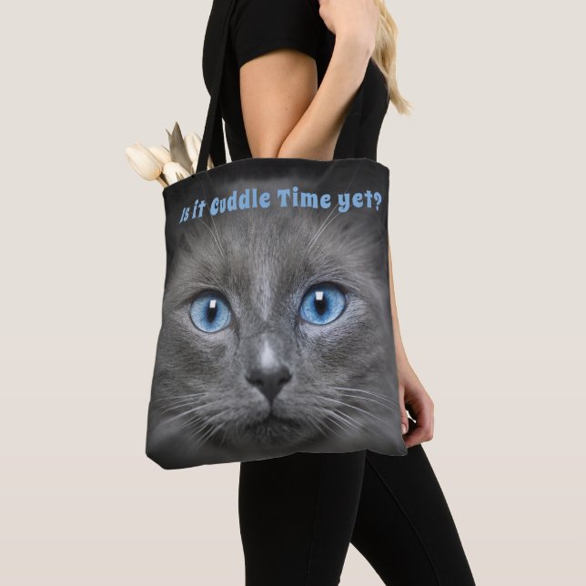 Kitty Cuddle Time -- Grey Cat Tote Bag (Close Up)