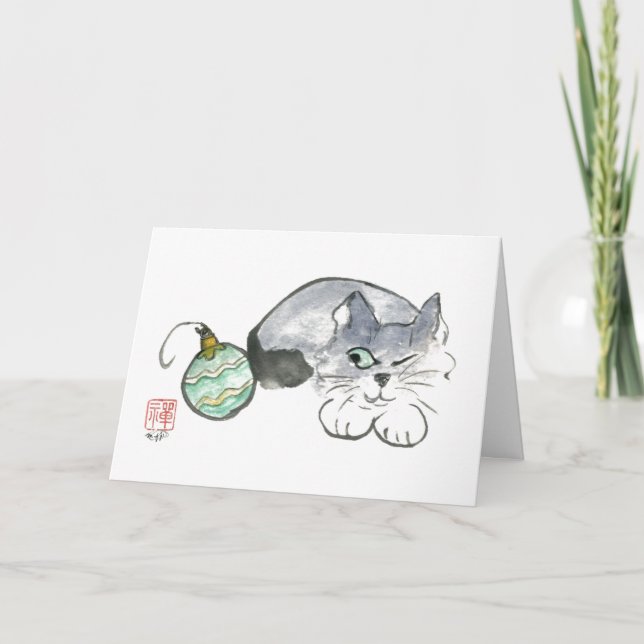 Kitty eyes a Green & Gold Ornament Holiday Card (Front)