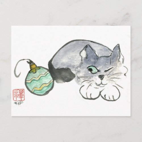 Kitty Eyes a Green  Gold Ornament Postcard