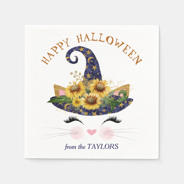 Kitty Face Gold Floral Halloween Napkins (Front)