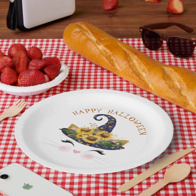 Kitty Face Gold Floral Halloween Paper Plates (Picnic)