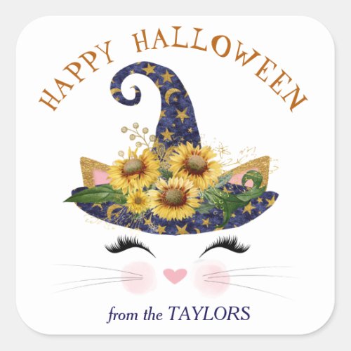 Kitty Face Gold Floral Halloween Square Sticker