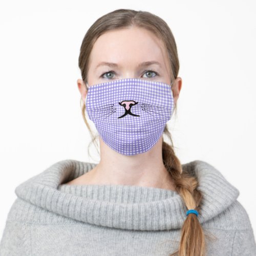 kitty face on purple gingham adult cloth face mask