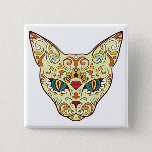 Kitty Face Sugar Skull  Day of the Dead Cat Button