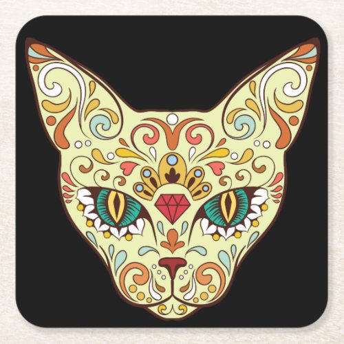 Kitty Face Sugar Skull  Day of the Dead Cat Square Paper Coaster