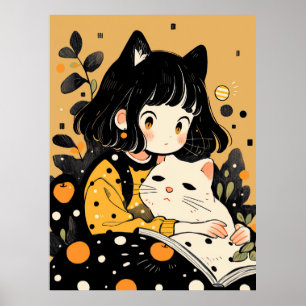 Kitty girl reading a book poster