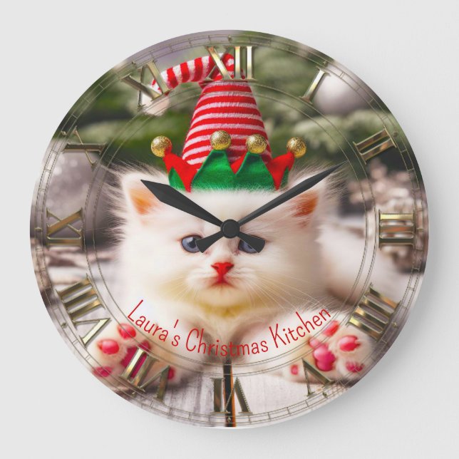 Kitty Happy Furbaby Holiday Christmas Large Clock (Front)