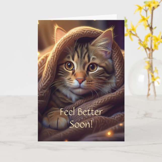 Kitty In A Blanket Get Well Card (Yellow Flower)