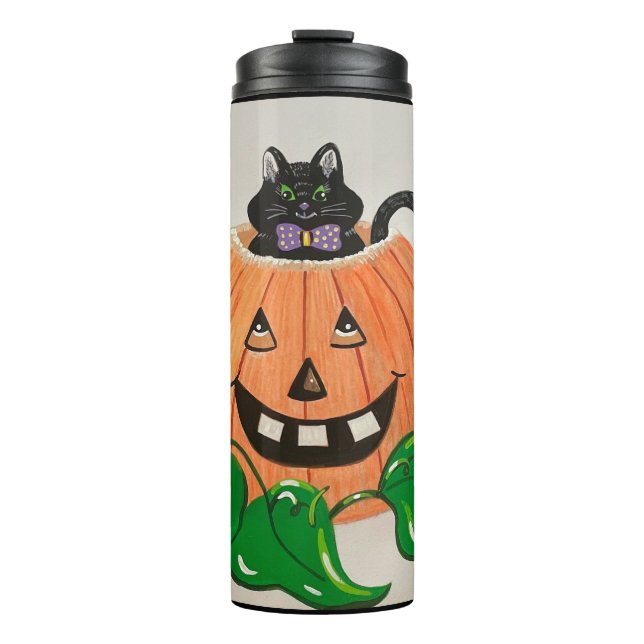 Kitty in Pumpkin Candy Jar Thermal Tumbler (Front)