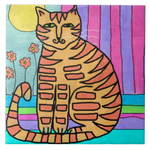 Kitty in the Sunshine Abstract Painting Ceramic Tile