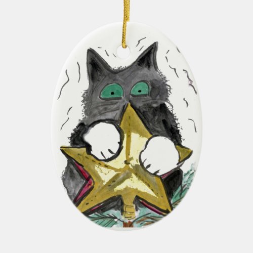 Kitty is at Top of the Christmas Tree Ceramic Ornament