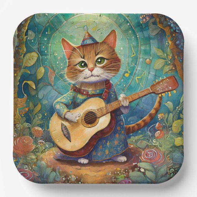 Kitty Kat Playing Guitar Paper Plates (Front)