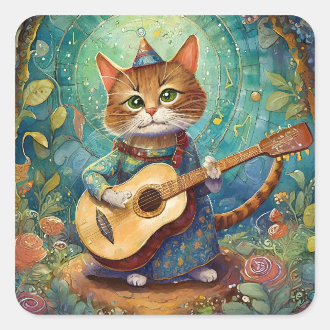 Kitty Kat Playing Guitar Square Sticker (Front)