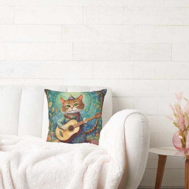 Kitty Kat Playing Guitar Throw Pillow (Couch)