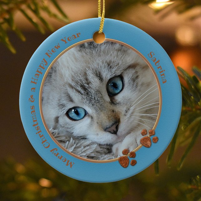 Kitty Keepsake Blue Christmas Photo Ornament (Christmas ornament featuring a photo of your own cat framed by a blue and gold border)