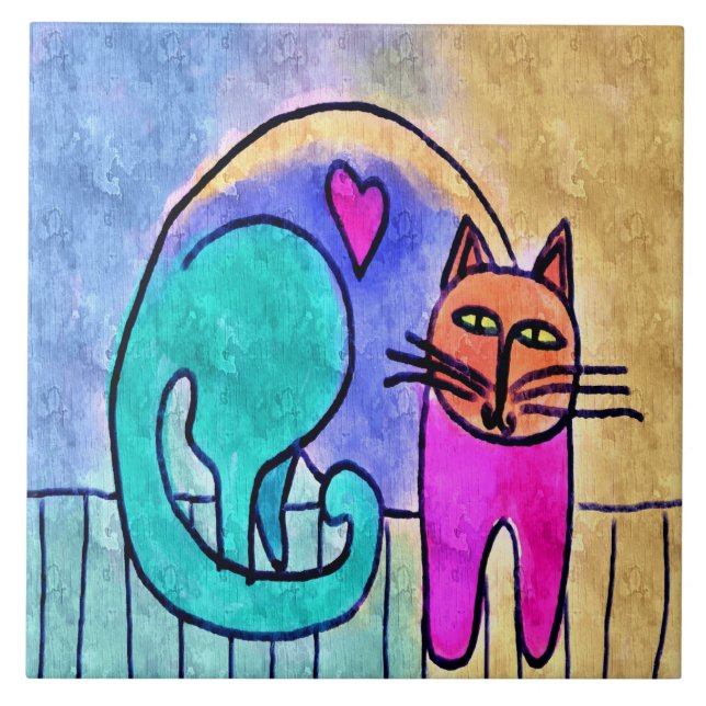 Kitty Love Abstract Cat Painting Ceramic Tile (Front)