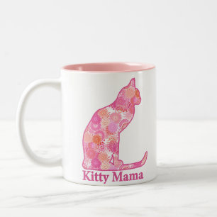 Kitty Mama Sitting Cat in Pink Fractal Pattern Two-Tone Coffee Mug