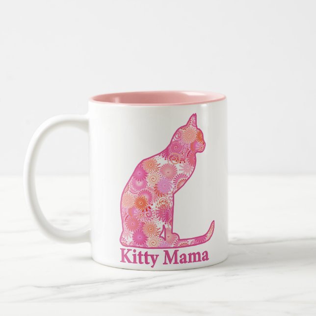 Kitty Mama Sitting Cat in Pink Fractal Pattern Two-Tone Coffee Mug (Left)