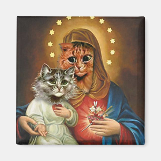 Kitty Mary and Jesus with Sacred Hearts Magnet (Front)